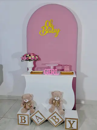 Kit de decoração de chá de bebê: painel arco rosa com letreiro Oh Baby, ursinhos e cubos com a palavra baby